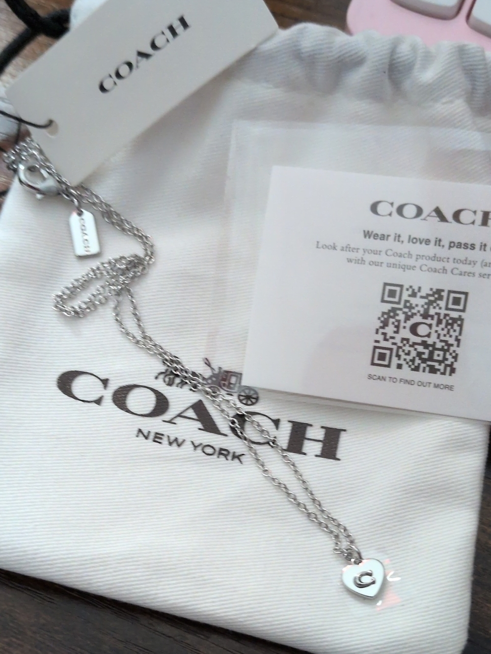 COACH Silver Heart Charm Necklace with Signature Tag